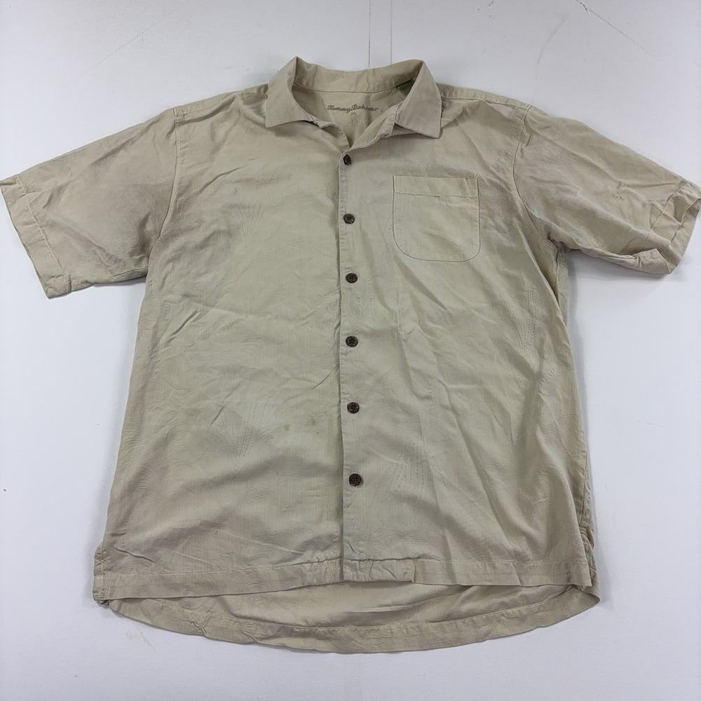 Tommy Bahama Silk Shirt Mens Medium Beige Palm Floral Short Sleeve Button-Up
